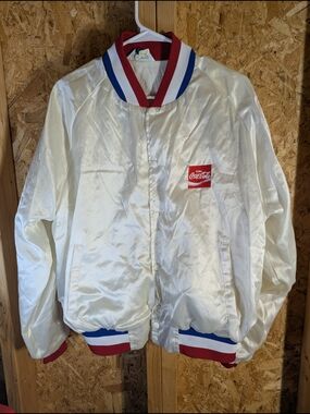Vintage 1980's Coca-Cola White Satin Bomber Jacket with Red & Blue Trim